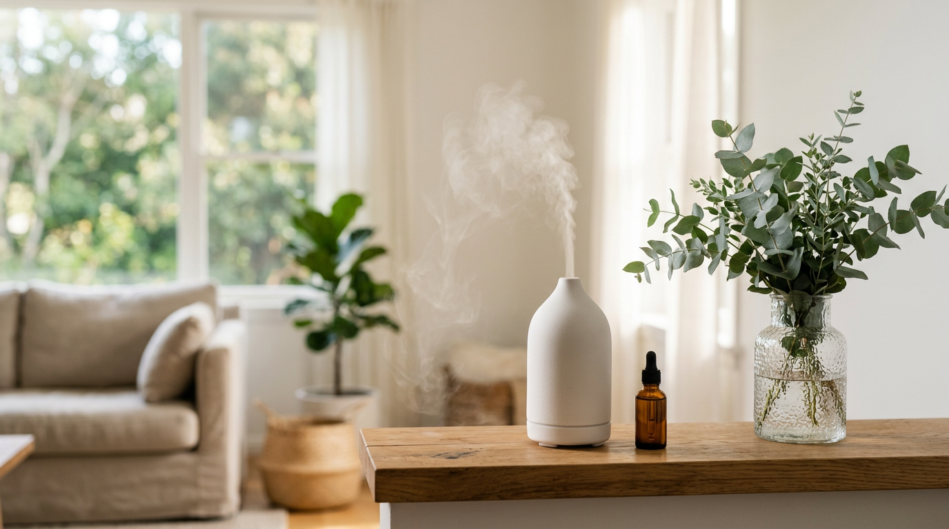 Weißer Keramik-Diffuser mit Duftnebel, brauner Flasche und Eukalyptus