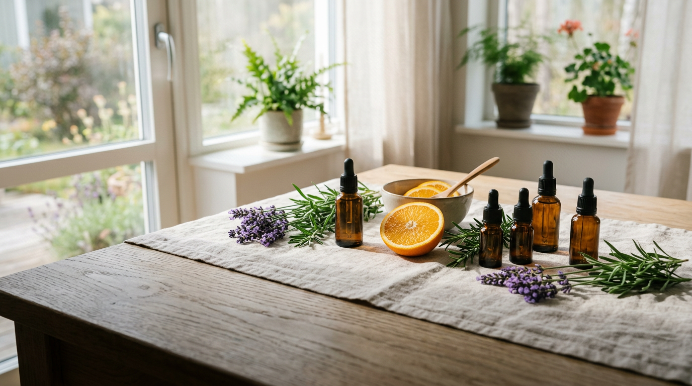 Braune Pipettenflaschen mit Lavendel, Rosmarin und Orange auf Leinen im Morgenlicht